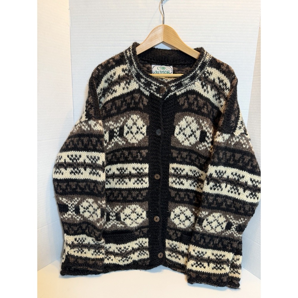 Vintage Ethnic Creations Thick Handmade Nepal Wool Cardigan Brown Chunky  Large